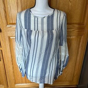 Women’s Blue Rain Blue and Cream Striped Blouse, Size Small